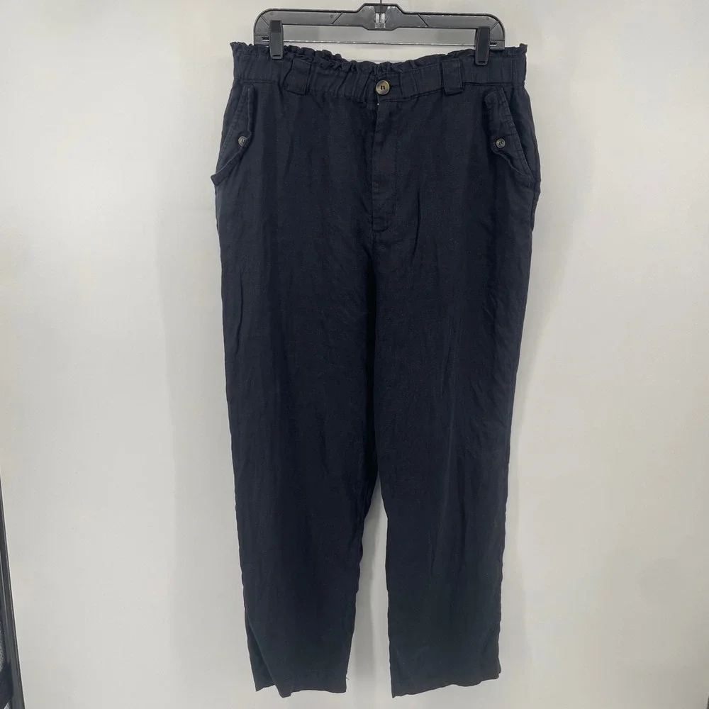 C&C‎ California Linen Pants Women XL Black Paperbag Waist Straight Leg Trousers